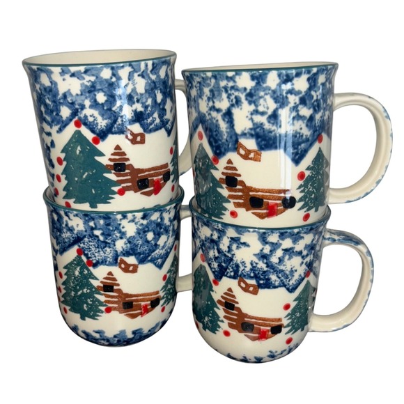 Other - Set of 4 Mugs | Folk Craft by Tienshan | Cabin in the Snow | Sponge painted